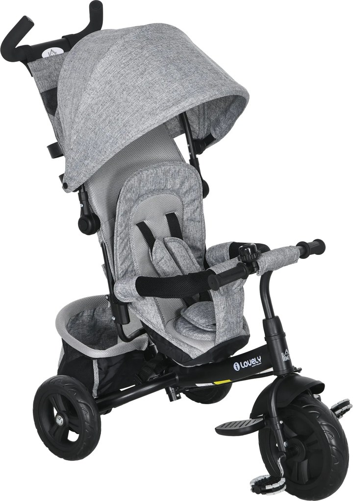 HOMCOM 6 az 1-ben Tricikli Tolófogantyúval, Gyerek Tricikli Levehető Napernyővel, Párnával, 5-Pointos Biztonsági Övvel, Kosárral, Pohártartóval, 1-5 É