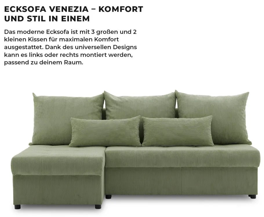 Venezia sarokkanapé, kordbársony, univerzális oldal, hab töltet, zöld