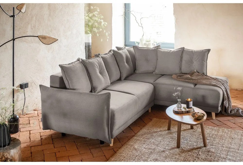 Világosbarna kordbársony kinyitható sarokkanapé (jobb oldali) Lazy Lukka – Miuform