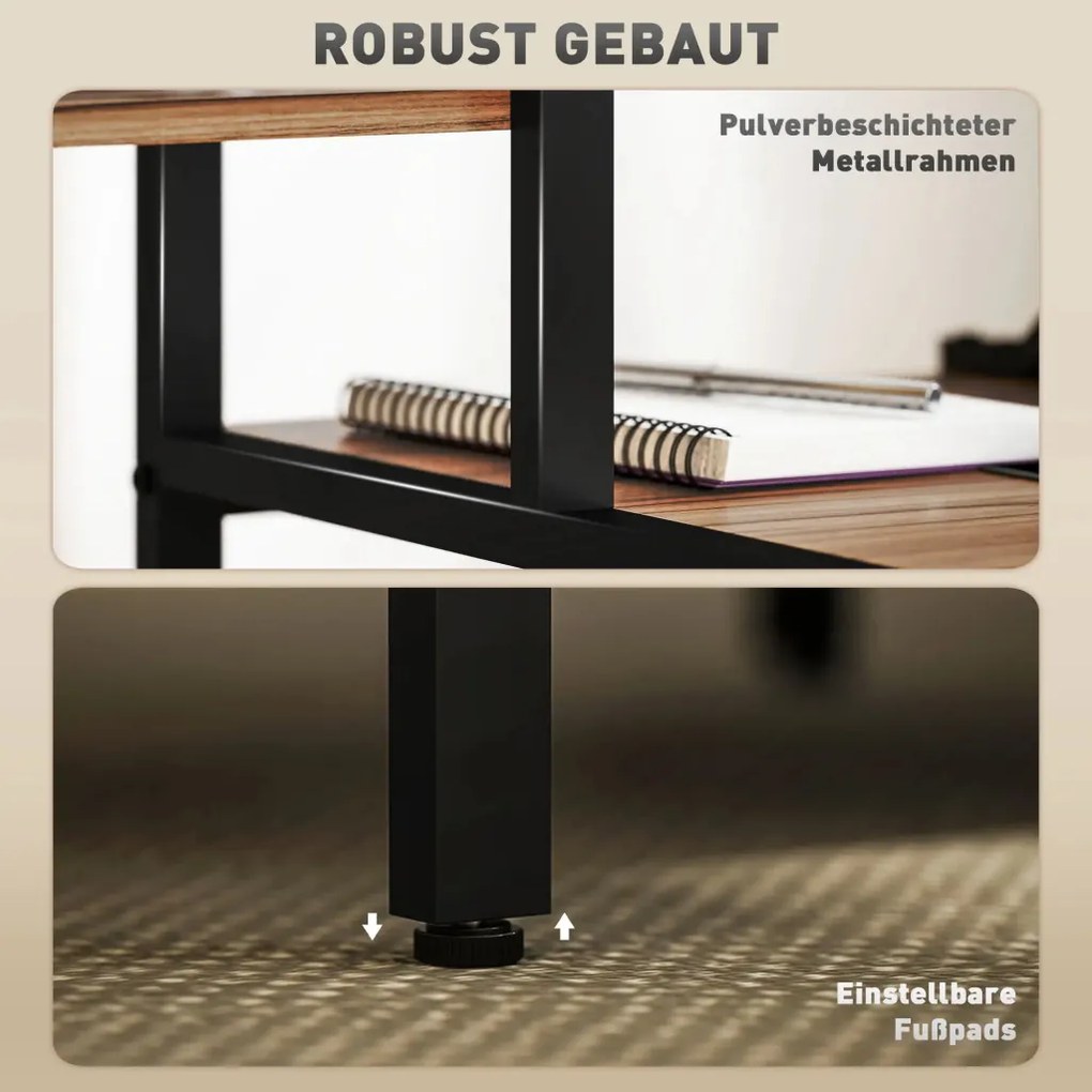 HOMCOM Íróasztal monitorállvánnyal, szintes polccal, Ipari Design, barna