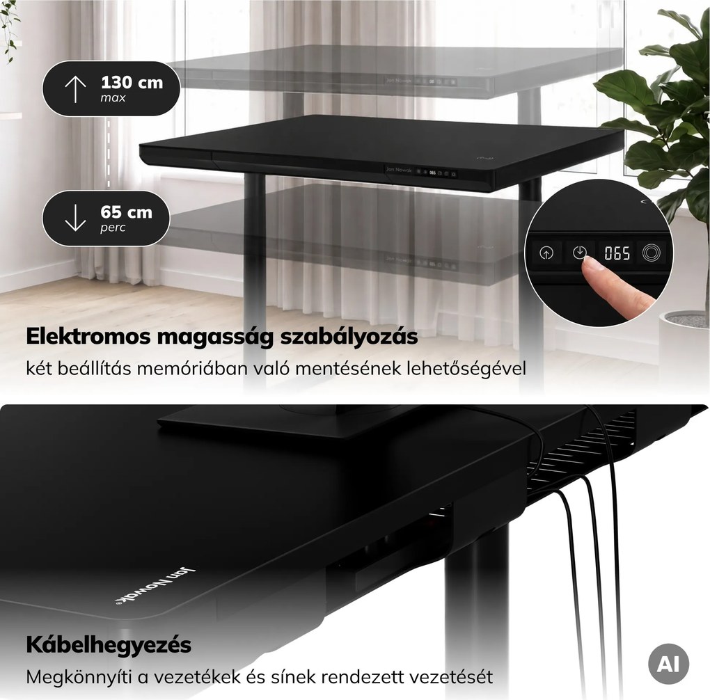 Elektromos ülő-álló íróasztal fiókkal és Qi vezeték nélküli töltővel fekete, 1200 mm: ELLIS