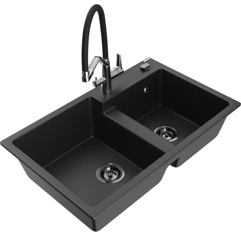 Mexen Tomas 2 rekeszes gránit mosogató konyhai csapteleppel Duo, fekete/arany metál - 6516-75-671701-07-B