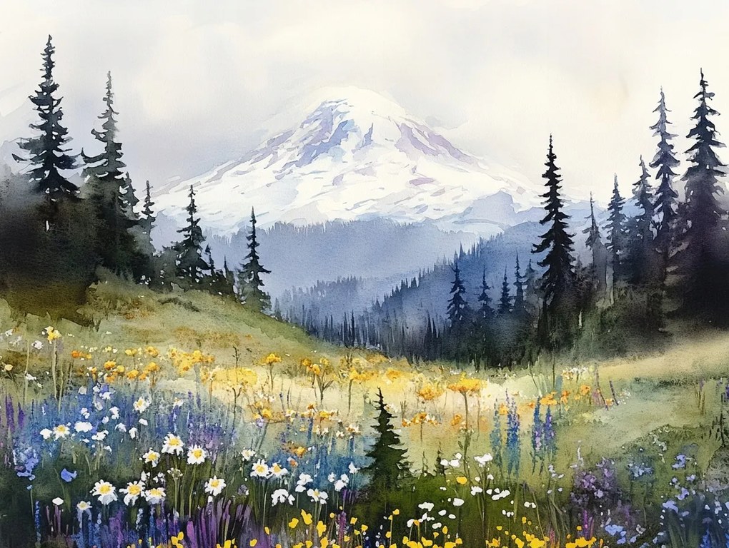 Vászonkép Canvas Tájkép Hegyek Hó Erdő Tisztás Virágok Tavasz 100x75