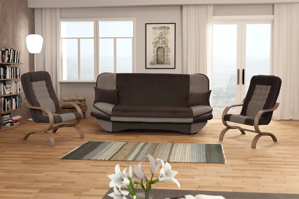 Fotel, szürkésbarna Taupe/barna/tölgy, GURU