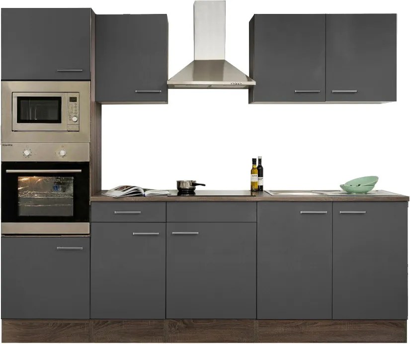 Yorki konyhabútor Yorki tölgy korpusszal, selyemfényű antracit fronttal 270 cm-es méretben