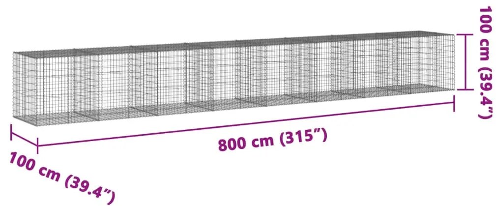 horganyzott vas gabion kosár fedéllel 800 x 100 x 100 cm