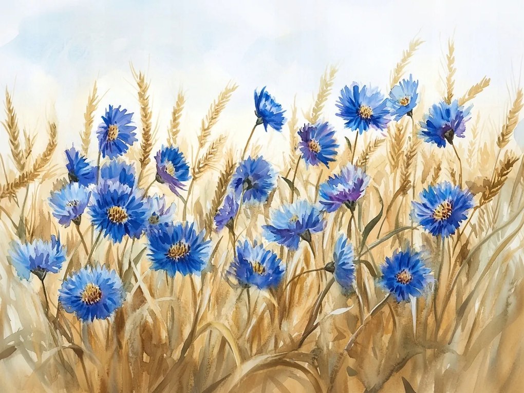 Vászonkép Canvas Akvarell Falu Mező Gabona Virágok Búzavirág 100x75