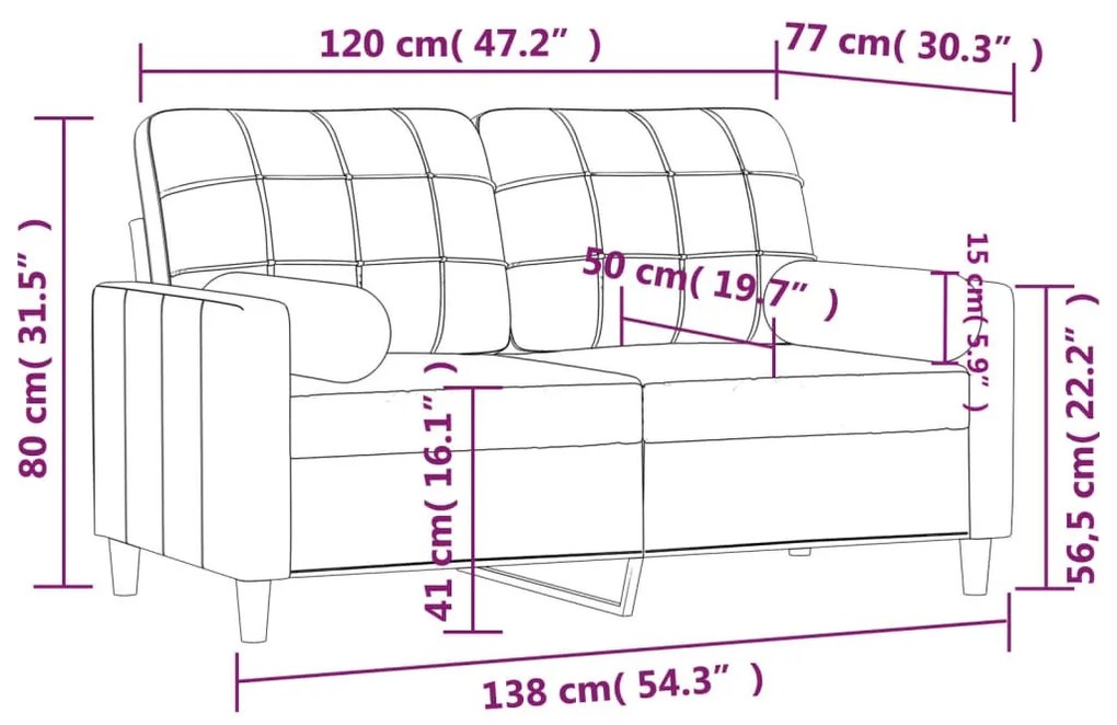 2 személyes tópszínű szövet kanapé díszpárnákkal 120 cm