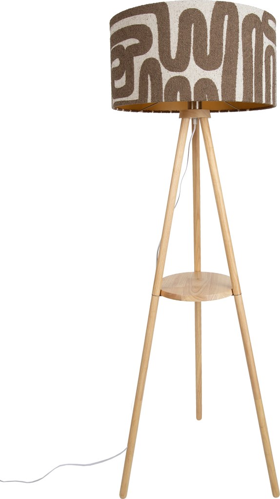 Háromlábú fa állólámpa csíkos bézs és barna színű 50 cm-es lámpabúrával - Lou