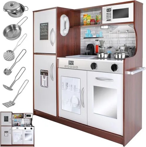 Fából készült játékkonyha, hang- és fényeffektekkel, izgalmas kiegészítőkkel, 80x80x24cm méretben, barna-fehér