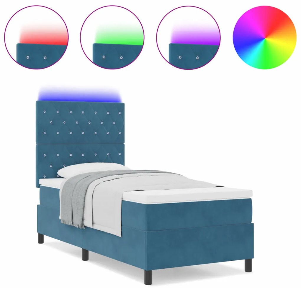 Boxspring Ágy Matraccal & LED Sötétkék 90x200 cm Bársony