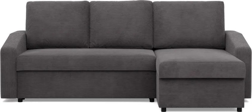 Zeus sarokkanapé, 2 ágyneműtartóval, döntött kartámasz, kordbársony, univerzális oldal, bonell töltet, szürke