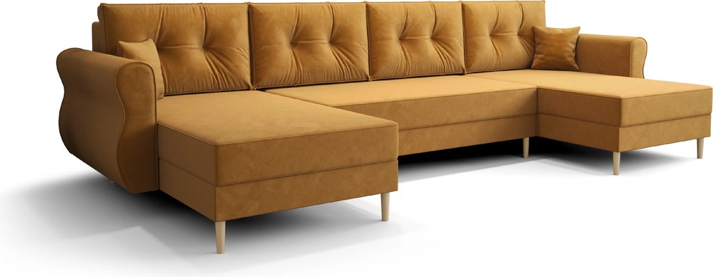 Ágyazható U alakú kanapé SILVIANO 300x140 cm, mustár színű + 2 db díszpárna INGYEN