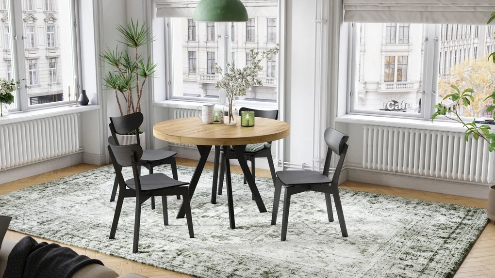 Mazzoni EXPANSO Arany Tölgy/fekete lábak - LOFT/IPARI STÍLUSÚ 310 cm-re BŐVÍTHETŐ NAGY KEREK ASZTAL Ø110 Y LÁBAKKAL