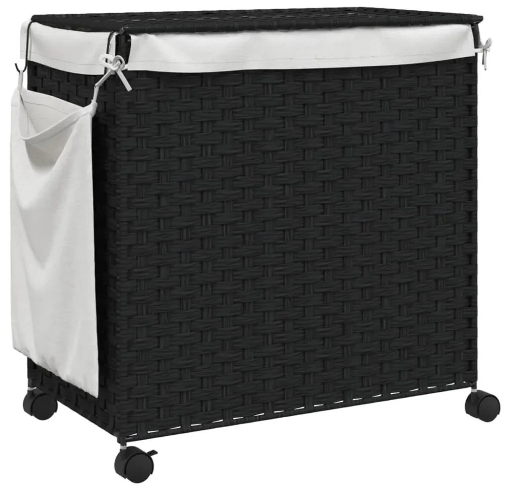 fekete rattan szennyeskosár kerekekkel 60x35x60,5 cm