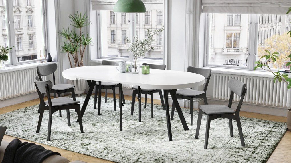 Mazzoni EXPANSO Fehér Matt/fekete lábak - LOFT/IPARI STÍLUSÚ 310 cm-re BŐVÍTHETŐ NAGY KEREK ASZTAL Ø110 Y LÁBAKKAL