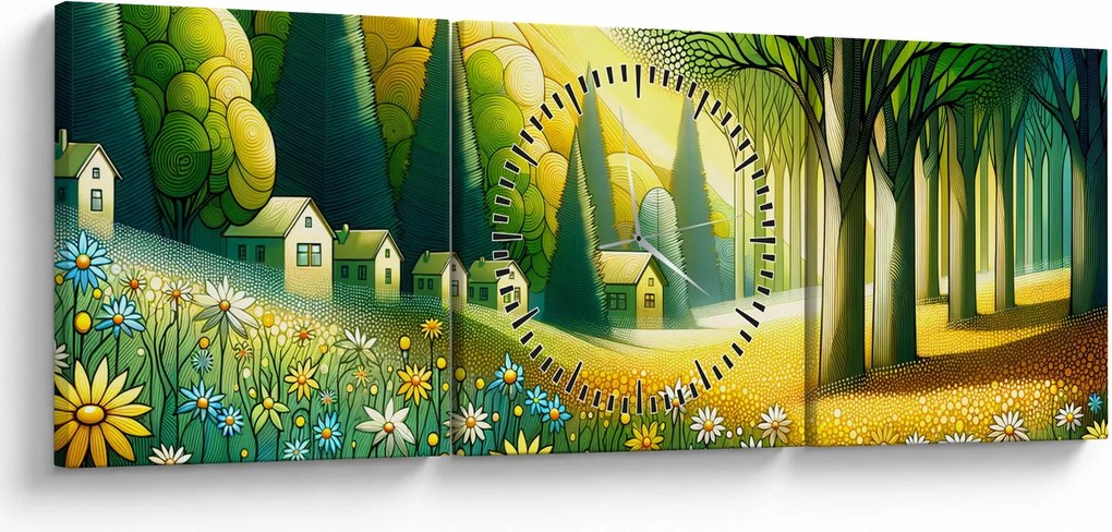 Kép - Falu sárga-zöld színekben (órával) (90x30 cm)