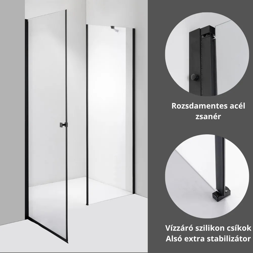 Stuxi Bari Fix Black 180 cm (100+80) széles nyíló zuhanyajtó fix fallal, 6 mm vízlepergető üveggel, matt fekete profillal, 195 cm magas