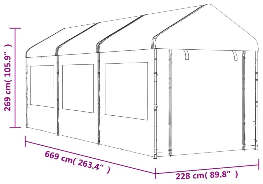 fehér polietilén pavilon tetővel 6,69 x 2,28 x 2,69 m