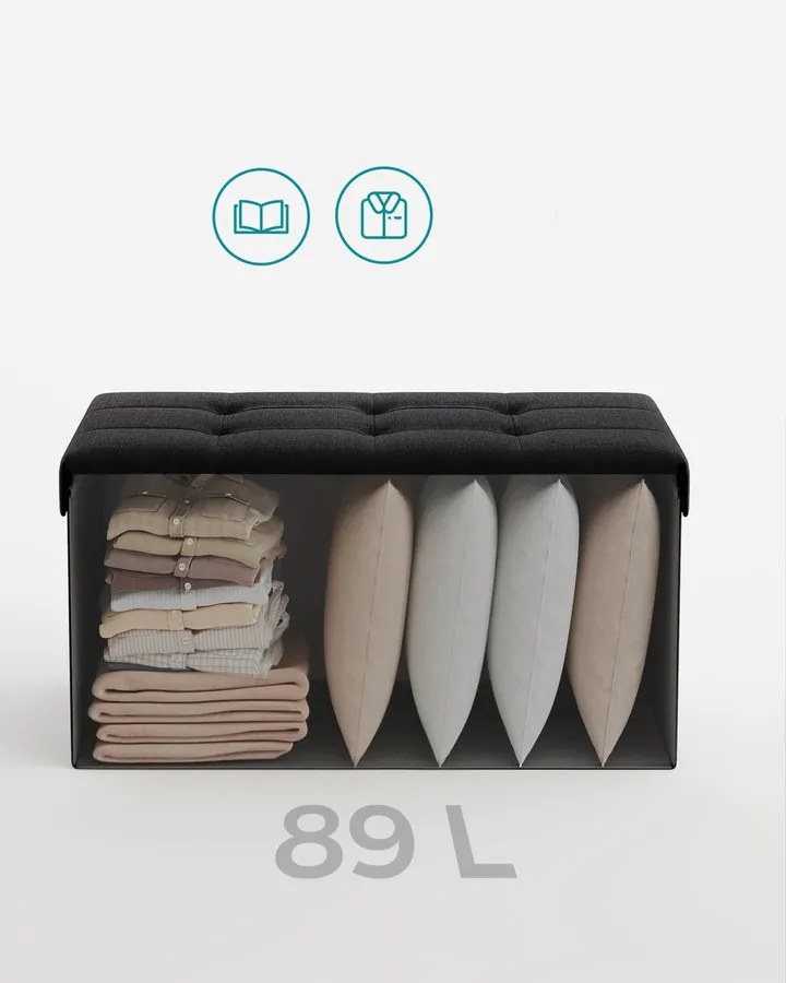 SONGMICS tárolós ülőke, összecsukható ülőpad, 38×76×38 cm, fekete