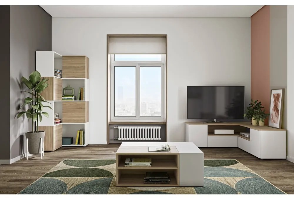 Fehér-natúr színű TV-állvány tölgyfa dekorral 130x46 cm Angle – TemaHome