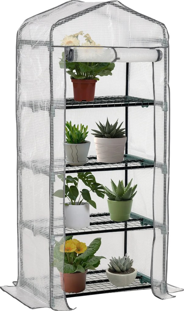 Outsunny mini üvegház polcokkal, PVC takaróval és feltekerhető ajtóval — télálló paradicsomház erkélyre és kertbe, 70 x 50 x 160 cm — fehér | Aosom
