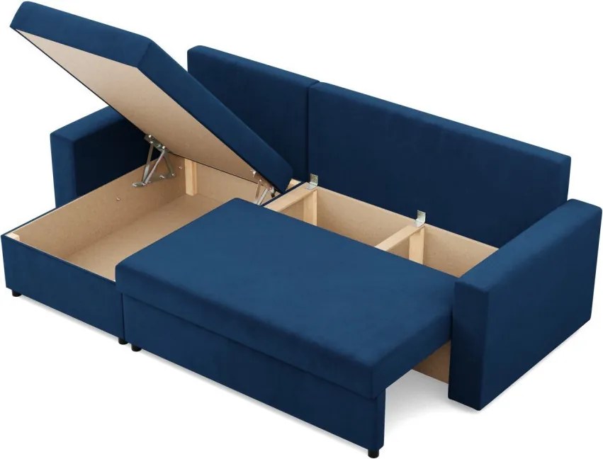 Zeus sarokkanapé, 2 ágyneműtartóval, egyenes kartámasz, bársony, univerzális oldal, hab töltet, kék