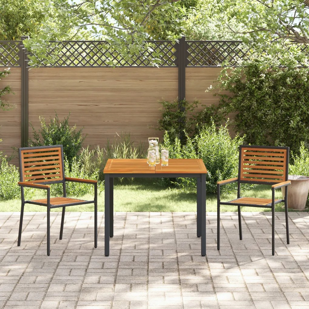 3 darabos kerti étkezőszett fekete műrattan akáccal, Egymásra rakható kerti székek párnákkal 2 db fekete műrattan, Kerti asztal 90x90x75 cm tömör akácfa és fém