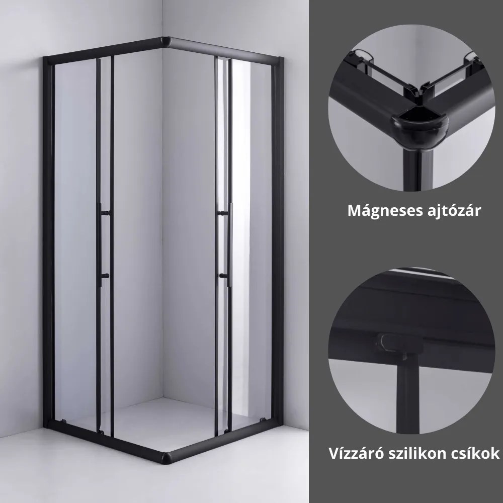 Stuxi Nizza Black 80x80 cm szögletes két tolóajtós zuhanykabin 6 mm vízlepergető biztonsági üveggel, fekete elemekkel, 190 cm magas