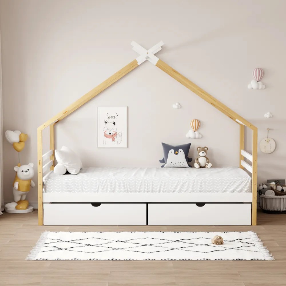 Montessori ágy, fehér/barna, 90x200, TARA