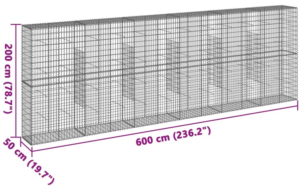 horganyzott vas gabion kosár fedéllel 600 x 50 x 200 cm