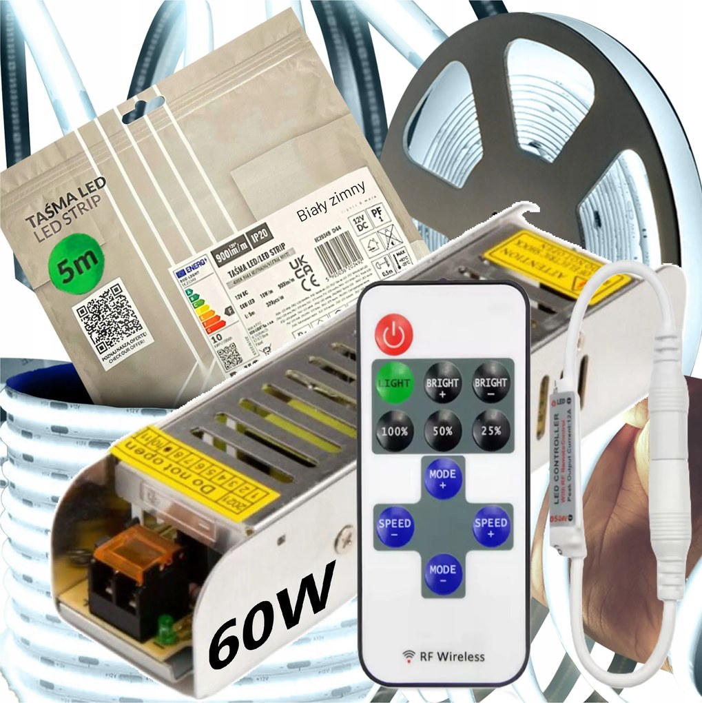 Led szalag szett Neon Cob 12V 5m 6000K Fehér Hideg Tápegység 60 Watt Távirányító Rf
