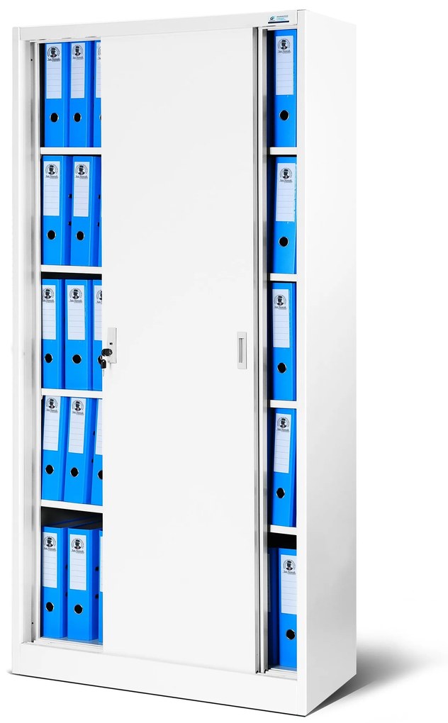 Fém iratszekrény polcokkal tolóajtókkal KUBA, 900 x 1850 x 400 mm, fehér