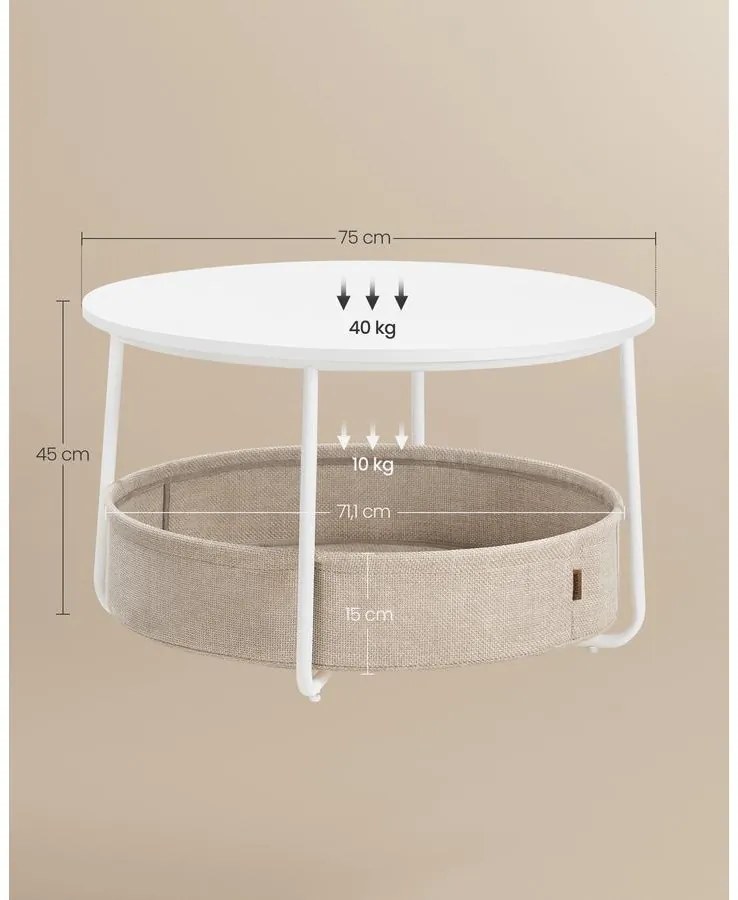 VASAGLE kerek dohányzóasztal tárolóval, matt fehér és kamelbarna színben