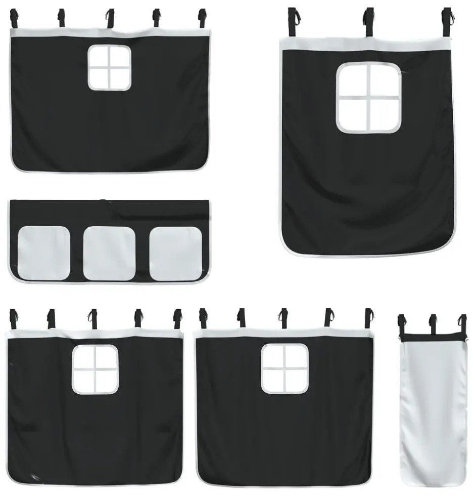 fehér/fekete tömör fenyőfa emeletes ágy függönyökkel 90x190 cm