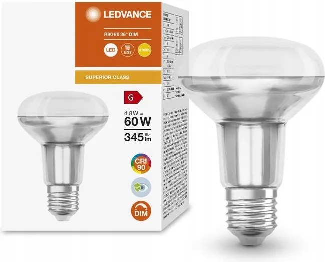 Led izzó Reflektor E27 R80 4.8W 60W 345lm 2700K 36° CRI90 Tompítható