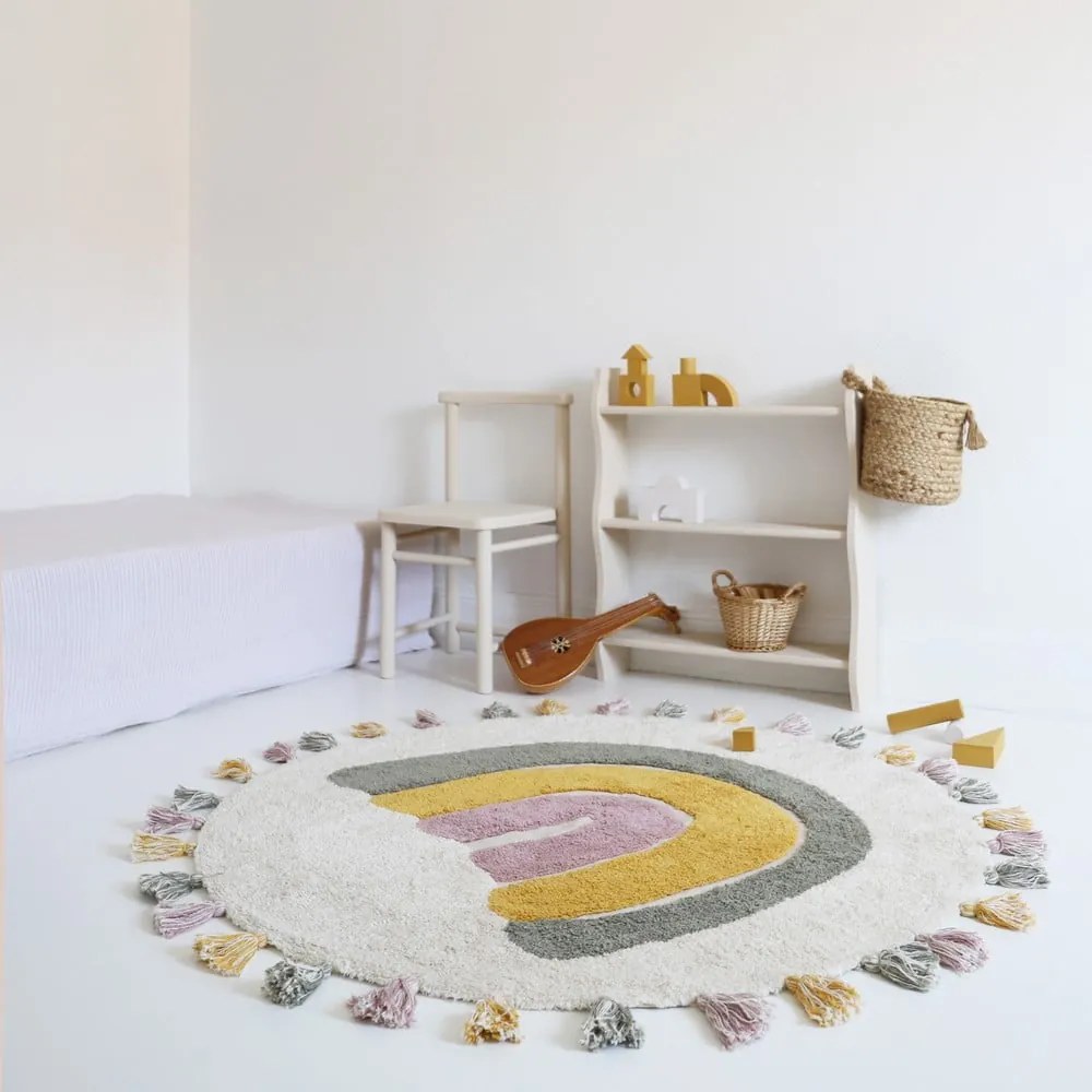 Krémszínű mosható kézi szövésű pamut gyerek szőnyeg ø110 cm Rainbow Moss – Nattiot