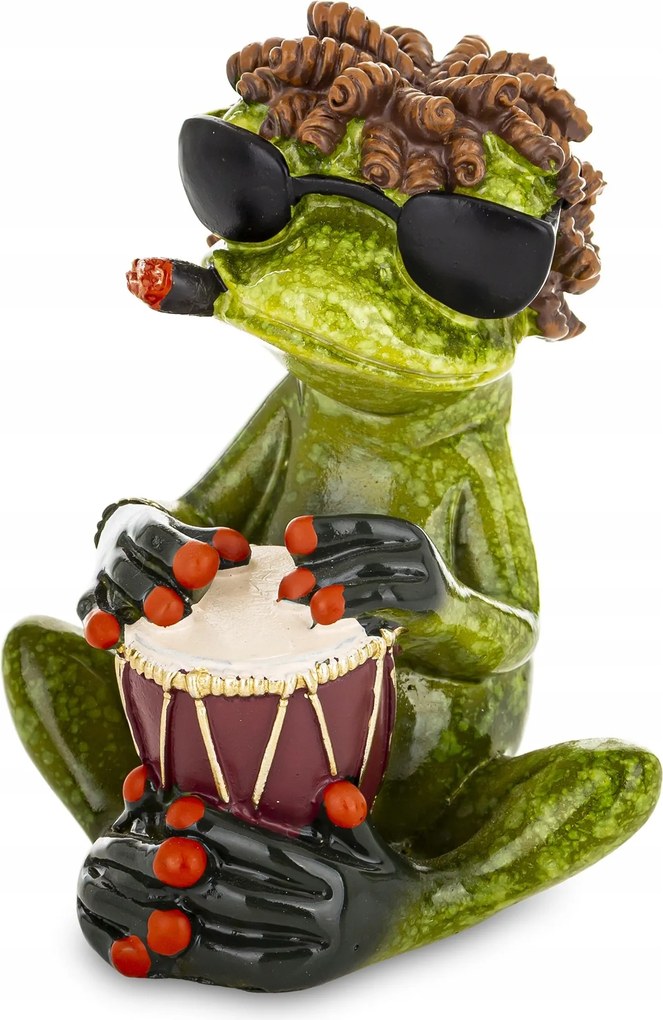 Dekoratív béka figura hippi zenész figura dobbal stílusos