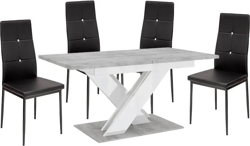 Maasix SWTG Magasfényű Fehér - Beton 4 személyes étkezőszett Fekete Elvira székekkel N
