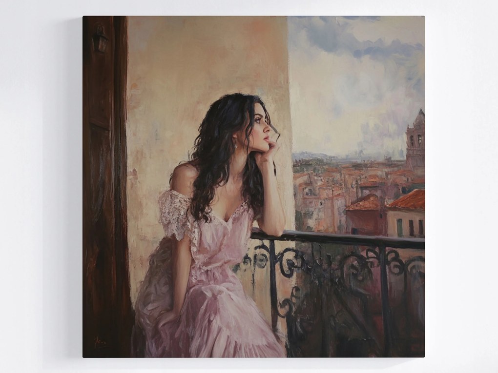 Vászonkép Canvas Portré Nő Erkély Város Olaszország Kilátás 80x80