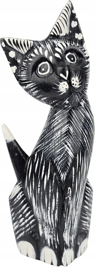 Dekoratív Macska Fa Faragott Kézzel Készített Festett Cica Figura *19 cm