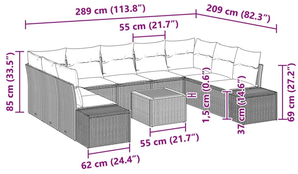 10 darabos Kerti Kanapé Szett Párnákkal Bézs Poli Rattan Akácia