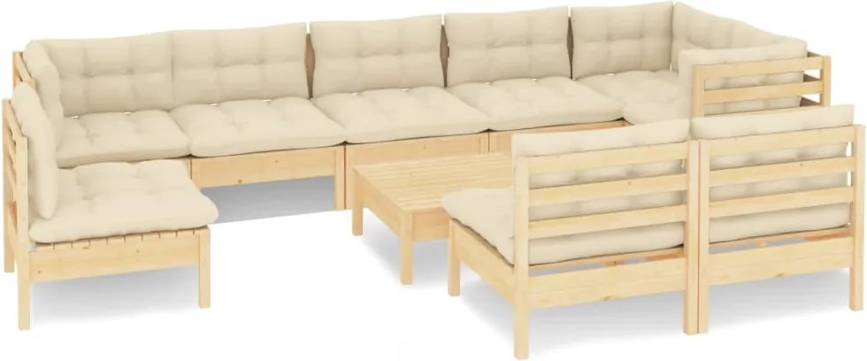 vidaXL 10 darabos tömör fenyőfa kerti ülőgarnitúra krémszínű párnákkal