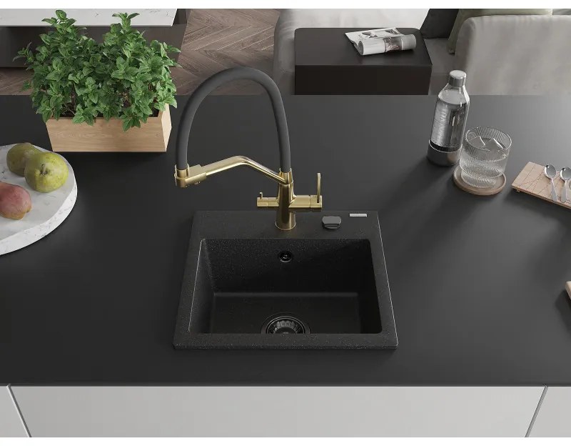 Mexen Milo, gránit mosogató 435x410x171 mm, 1 kamrás és Duo mosogató csaptelep, fekete-ezüst metál, 6505-73-671701-57-B
