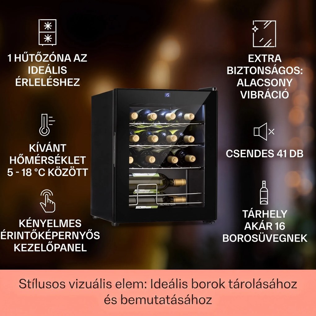 Klarstein Shiraz, borhűtő, 42 liter, 131 W, 5 - 18 °C, érintőképernyős vezérlőpanel, fekete