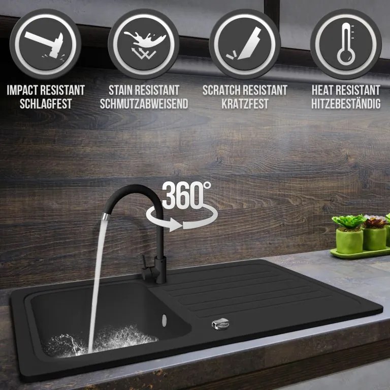 Gránit mosogató csepegtetővel és keverőcsappal fekete