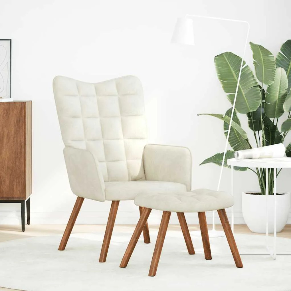 krémszínű bársony pihenőfotel zsámolynal