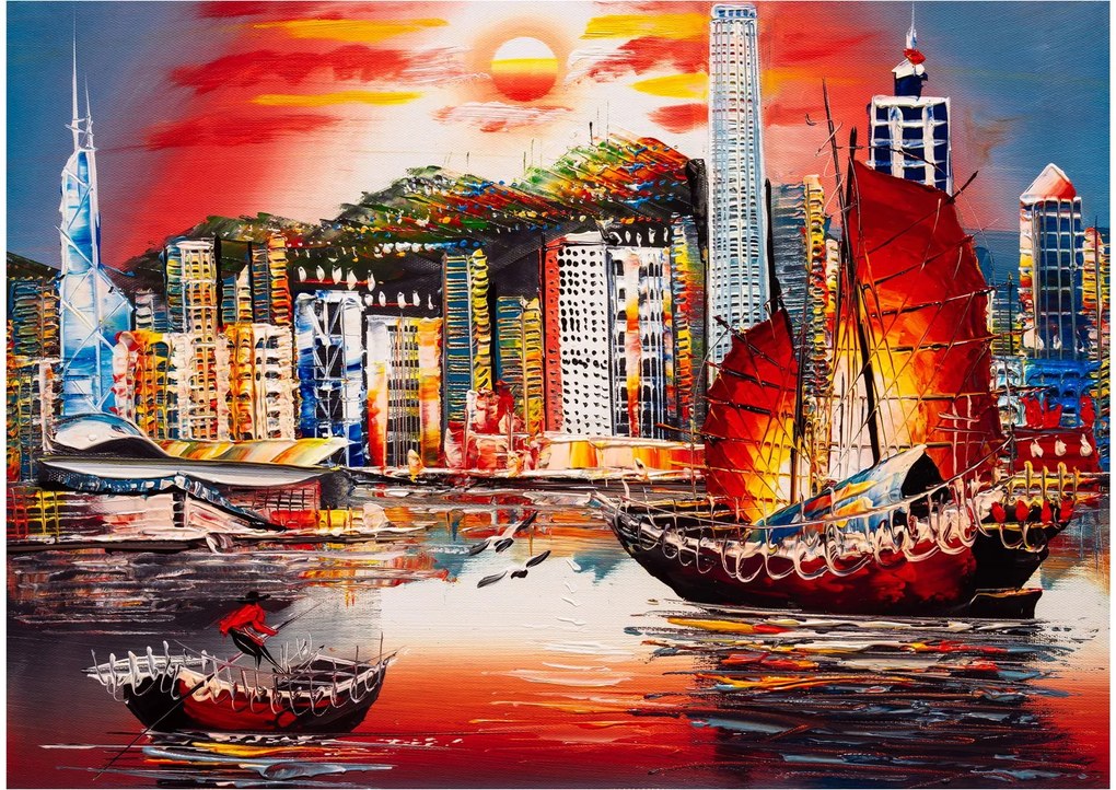Kép - Victoria Harbour, Hong Kong, olajfestmény (üvegen) (70x50 cm)