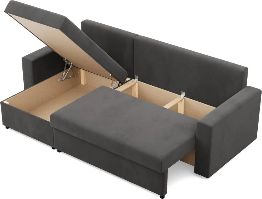 Zeus sarokkanapé, 1 ágyneműtartóval, egyenes kartámasz, szövet anyag, univerzális oldal, bonell töltet, szürke