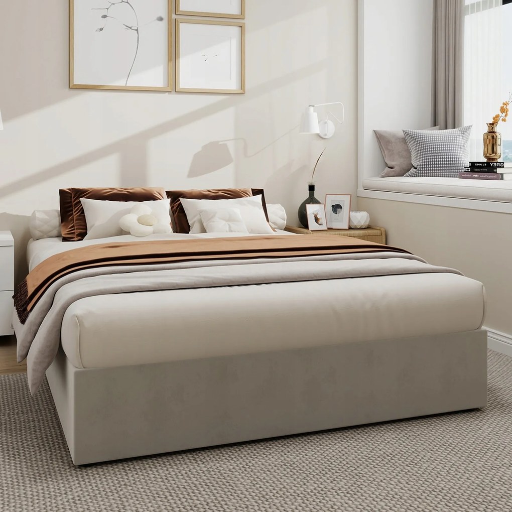 Kárpitozott franciaágy 160x200cm hidraulikus Nincs fejtámla Bézs